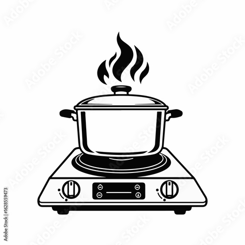Cooking pot on stove, a kitchen appliance emitting steam, creates inviting atmosphere. Cooking pot shows domestic cooking process, with heat emanating from beneath.