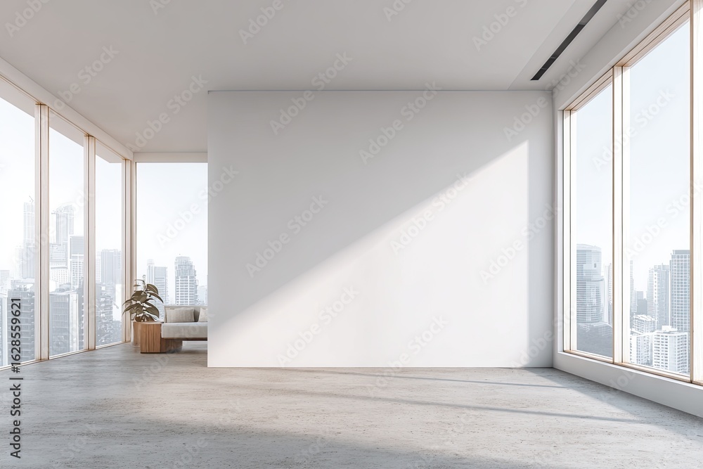 Fototapeta premium Bright, modern, empty room with city views