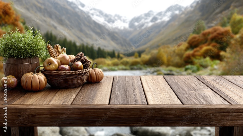Fototapeta premium Rustic wooden table adorned with pumpkins, apples, and corn against a breathtaking autumn mountain backdrop creates a seasonal atmosphere
