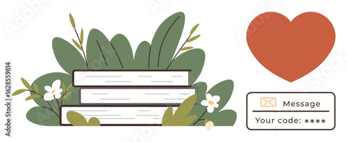 Books stacked amid green foliage and flowers, large red heart on the side, secure message code input box below. Ideal for education, love, security, communication, eco-living, romance simplicity
