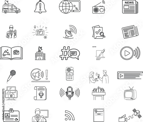 News media Web Icon Set in Line Style. Collection of Mass media Linear Icons, Including tv, radio, newspaper, magazine, news, broadcasting, press, interview microphone, and more. Editable Stroke