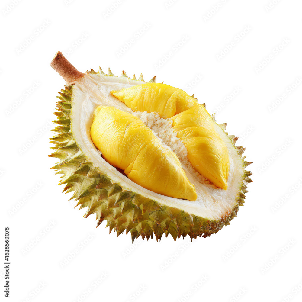 Fototapeta premium Fresh Tropical Durian Fruit Halved Revealing Creamy Yellow Flesh for Culinary Exploration and Food Photography