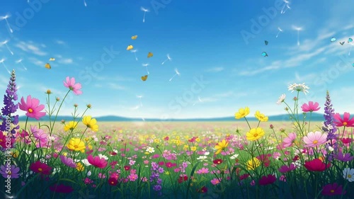 Wallpaper Mural Vibrant Flower Meadow with Butterflies Under Blue Sky Dandelions and Distant Hills in a Colorful Floral Landscape Torontodigital.ca