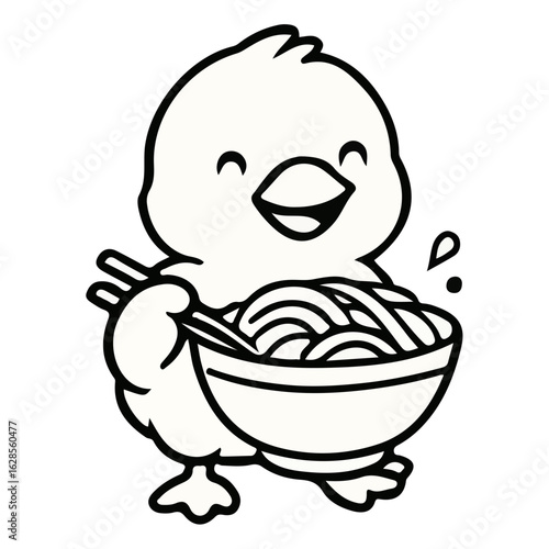 Baby duck having noodle soup at summer vacation for coloring page vector design