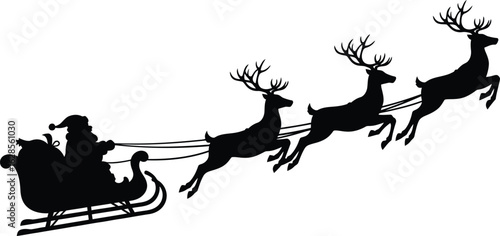 Santa claus and reindeer sleigh silhouette flying through the sky