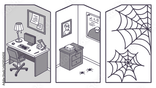 Three rooms showing an office a room with spiders and a room with spiderwebs and a skull poster