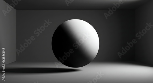 A grayscale sphere hovers in a dimly lit, minimalist room, illuminated by a single light source casting a dramatic shadow.