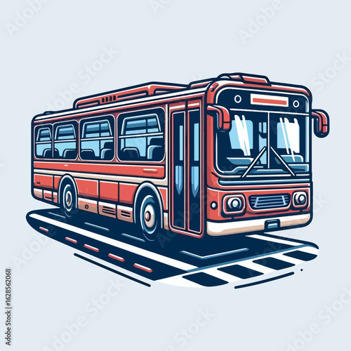 Vibrant, cartoon-style drawing of a retro-looking city bus positioned on a crosswalk.