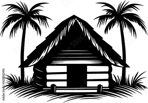 Tropical Hut Silhouette Vector – Thatched Roof Cabin with Palm Trees and Grass in Black and White Style