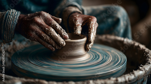 Close-up of artisan hands shaping clay on a spinning pottery wheel	