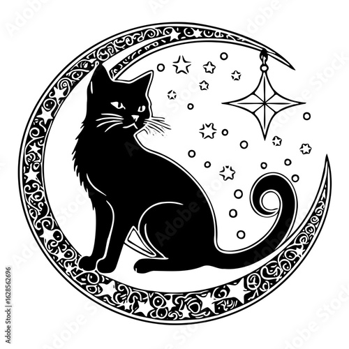 Cat on Crescent Moon, Whimsigoth Celestial Gothic SVG