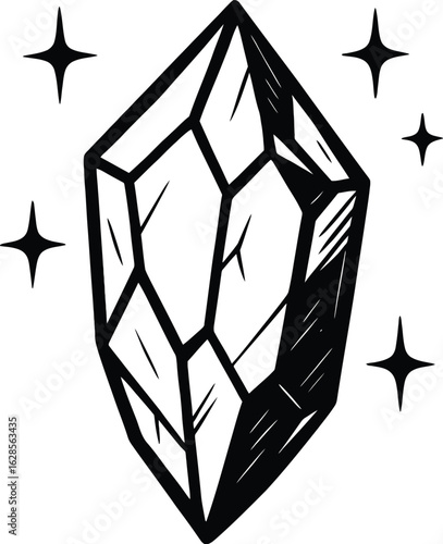 Black and White Vector Icon of a Crystal with Stars