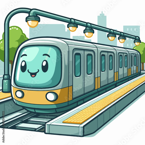 Light-hearted cartoon illustration of a modern train at a city station,  featuring a friendly cartoon character design style.