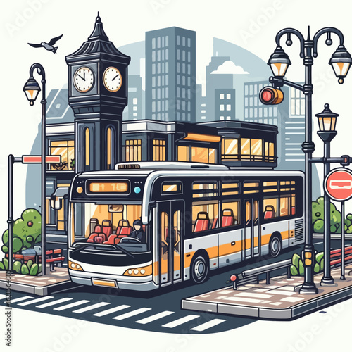 Vibrant, cartoon-style illustration of a city street scene with a modern bus in the foreground. A clock tower and buildings are part of the background.