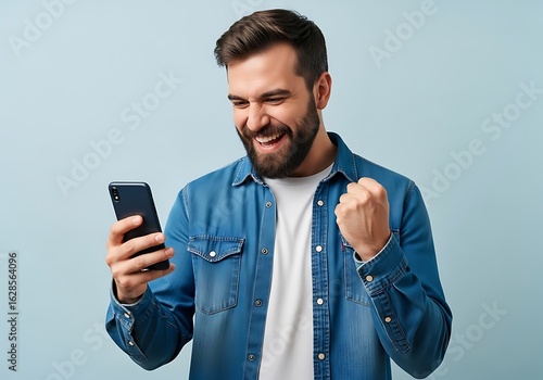 Excited man checking his phone with a denim shirt on a blue background celebrating success and positive news with joyous expression