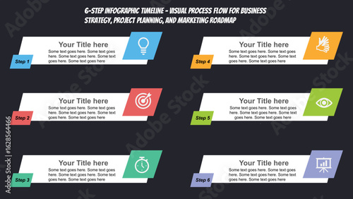 Modern 6 Step Infographic Timeline Template for PowerPoint Presentations – Editable Business Process Diagram with Icons for Workflow, Strategy, Planning, Marketing, and Project Slides