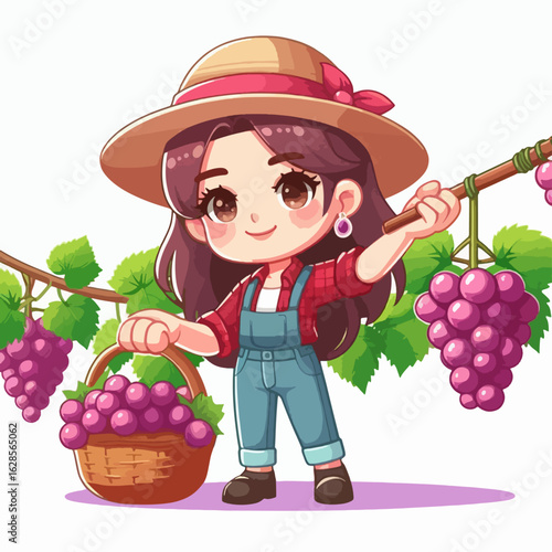 Cheerful cartoon girl, dressed in overalls and a straw hat, stands among grapevines, holding a basket of grapes and a vine.