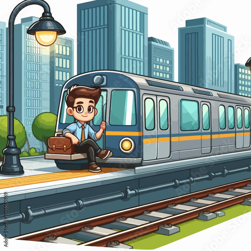 Cartoon illustration of a young man seated on a train platform in a city.