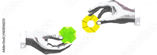 Abstract hands exchanging geometric objects digital interaction concept