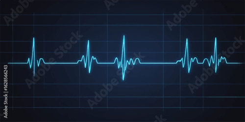 Blue medical monitor displaying a vibrant cardiogram heartbeat pulse wave graph
