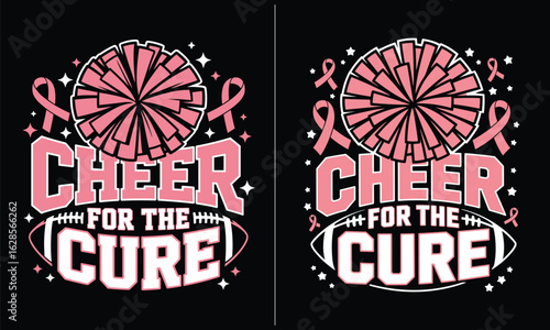 Cheer for the Cure Breast Cancer Awareness Design with Pink Pom-Pom and Football, Support for Breast Cancer Fighters, Pink Ribbon October Awareness Month, Empowering Breast Cancer Support Campaign