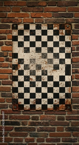 Aged chessboard on brick wall