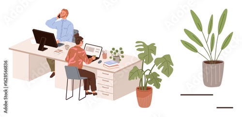 Two colleagues at desks using computers, one talking on the phone, multiple potted plants nearby. Ideal for teamwork, productivity, office environment, collaboration, workspace decor, multitasking