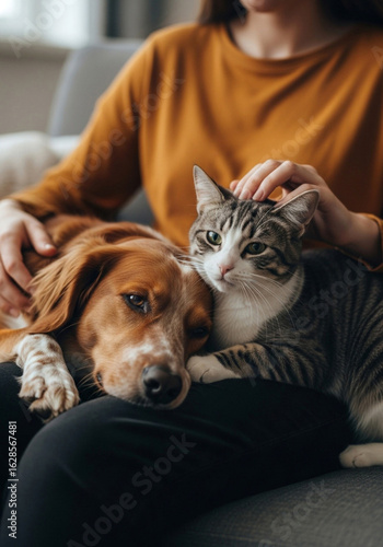 Fototapeta Naklejka Na Ścianę i Meble -  Cat and dog friendship bonding at home with owner petting pet animal love and care adorable domestic animals on transparent background silhouette
