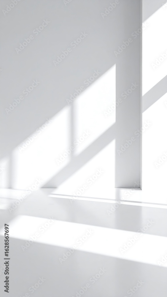 Fototapeta premium Sunlight casts shadows on a white room