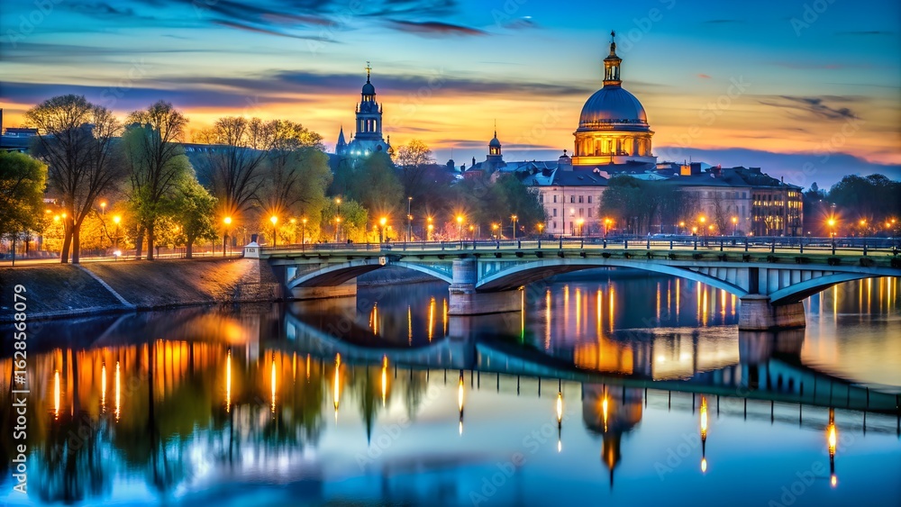 Naklejka premium Beautiful cityscape with illuminated buildings and bridges reflecting in the river at dusk, a stunning european urban scene