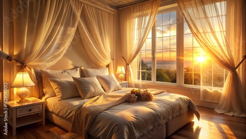 A luxurious bedroom bathed in warm golden hour light from a stunning sunset view through elegant sheer curtains