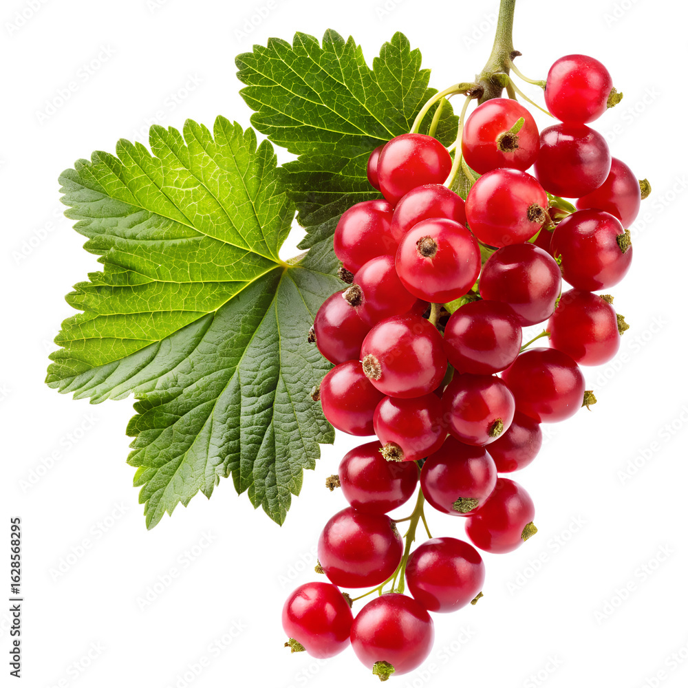 Fototapeta premium Fresh redcurrant berries with leaf isolated on transparent background, a vibrant and juicy fruit, perfect for healthy eating and summer desserts, studio shot, close up