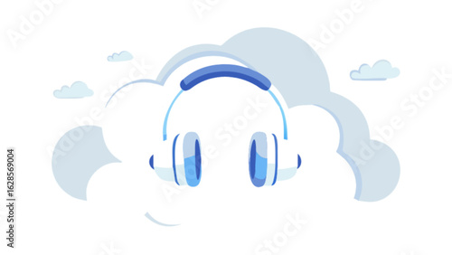 Illustration of blue and white headphones surrounded by stylized clouds on a white background