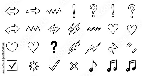 Collection of hand drawn doodle icons featuring arrows hearts lightning bolts question marks and musical notes