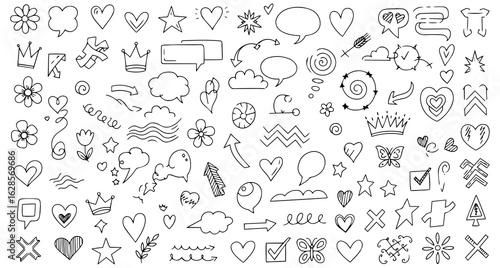 A diverse collection of hand drawn doodle elements including hearts stars flowers arrows and speech bubbles