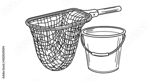 Fishing net and bucket vector illustration for angling equipment and supplies graphic design element vector art