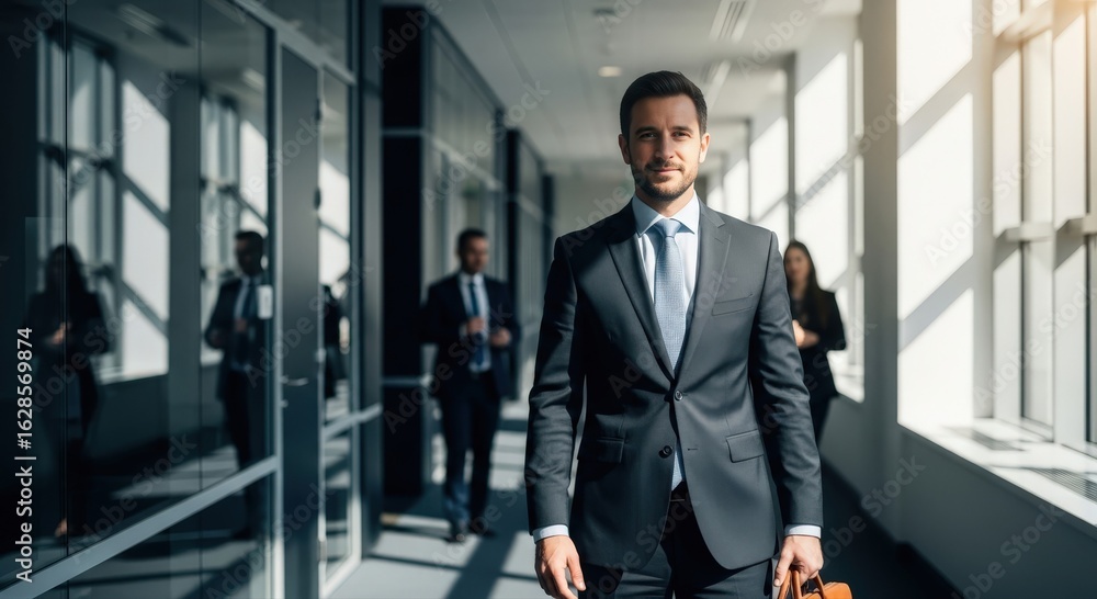 A confident businessman leading the way down a modern office corridor, other professional colleagues following behind A confident businessman leading the way down a modern office corridor, other professional colleagues following behind