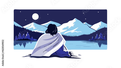 Person wrapped in a blanket sitting by a lake at night with mountains and stars in the background