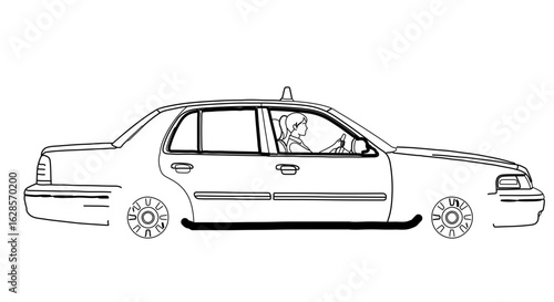 Taxi cab service outline illustration with female driver for transportation coloring page and design element