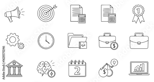 Collection of simple line art icons representing business concepts such as finance strategy growth and success
