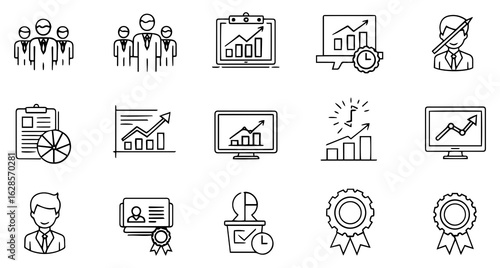 Collection of business and finance icons representing growth success teamwork and performance metrics
