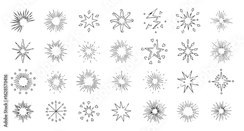 A collection of hand drawn starbursts and explosions in various styles and designs