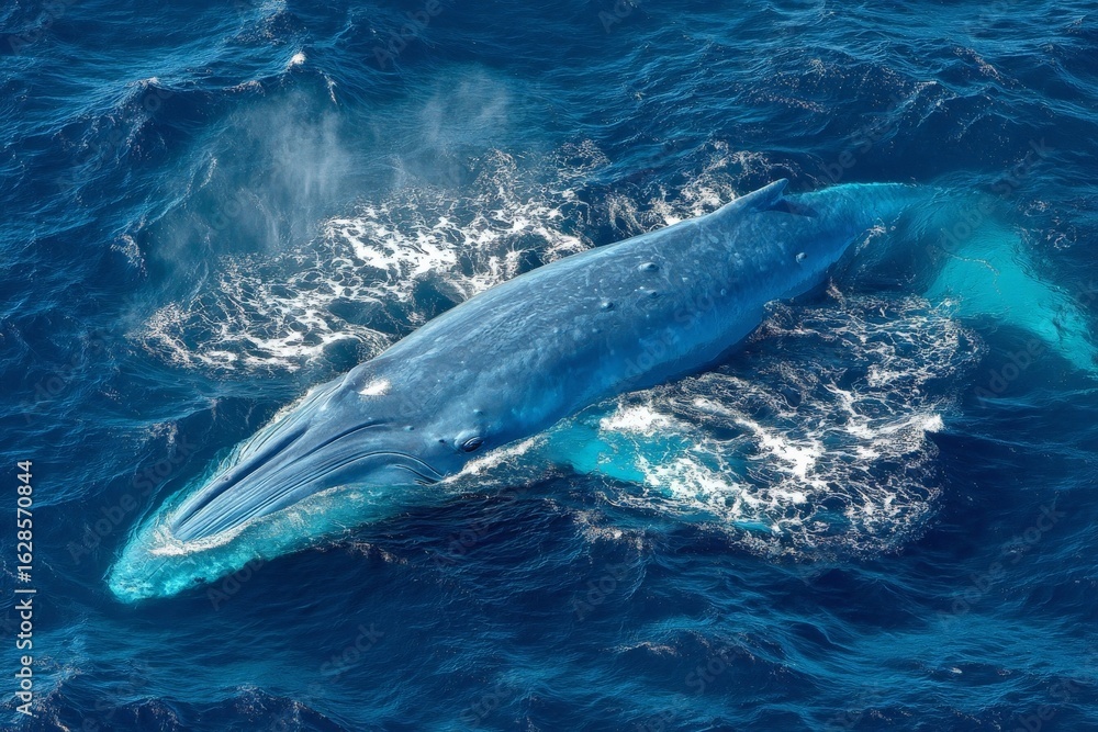Fototapeta premium Majestic blue whale breaching in the deep ocean waters under bright sunlight