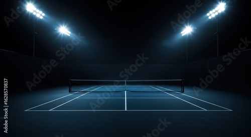 Empty tennis court at night, illuminated by spotlights, highlighting the dark court surface.