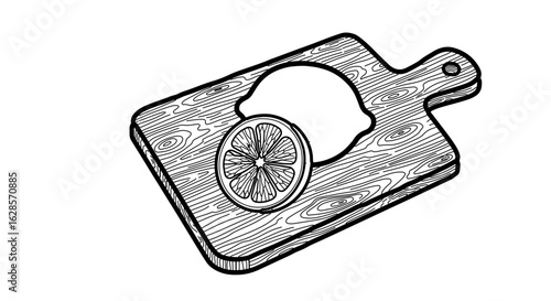 Lemon fruit slice on wooden cutting board illustration for food blog recipe and kitchen decor art print design