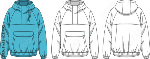 Hooded jacket technical sketch, front and back views, blue zip-up outerwear, fashion design template, elastic cuffs, flap pocket, garment illustration