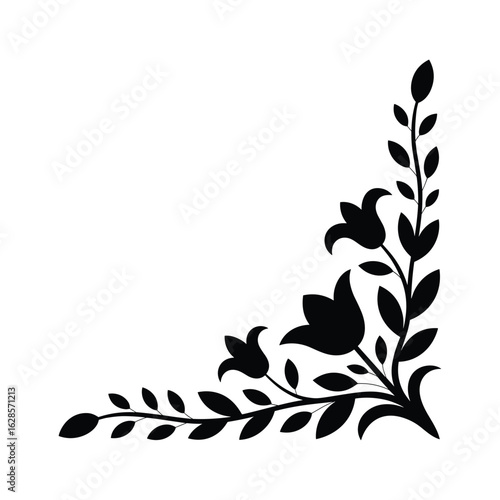 Elegant black floral corner design with leaves and buds