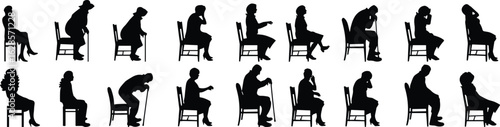 Seated human silhouettes, various sitting postures, ergonomic positions, body language, chair poses, gesture study, posture reference, vector illustration set