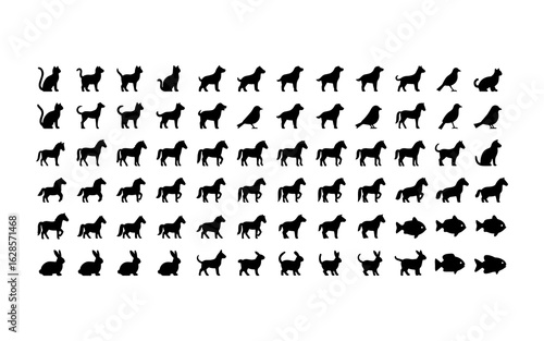 Collection of black animal silhouettes featuring cats dogs birds horses rabbits and fish
