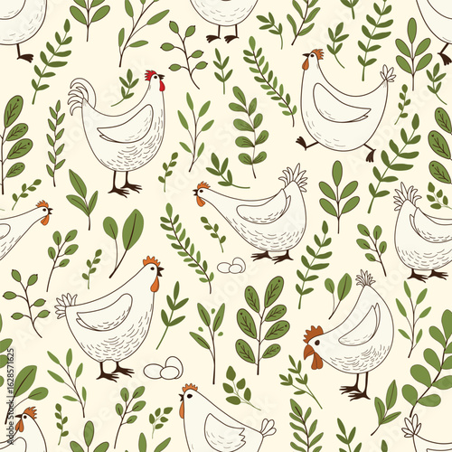Seamless pattern with cute cartoon chickens  on white background